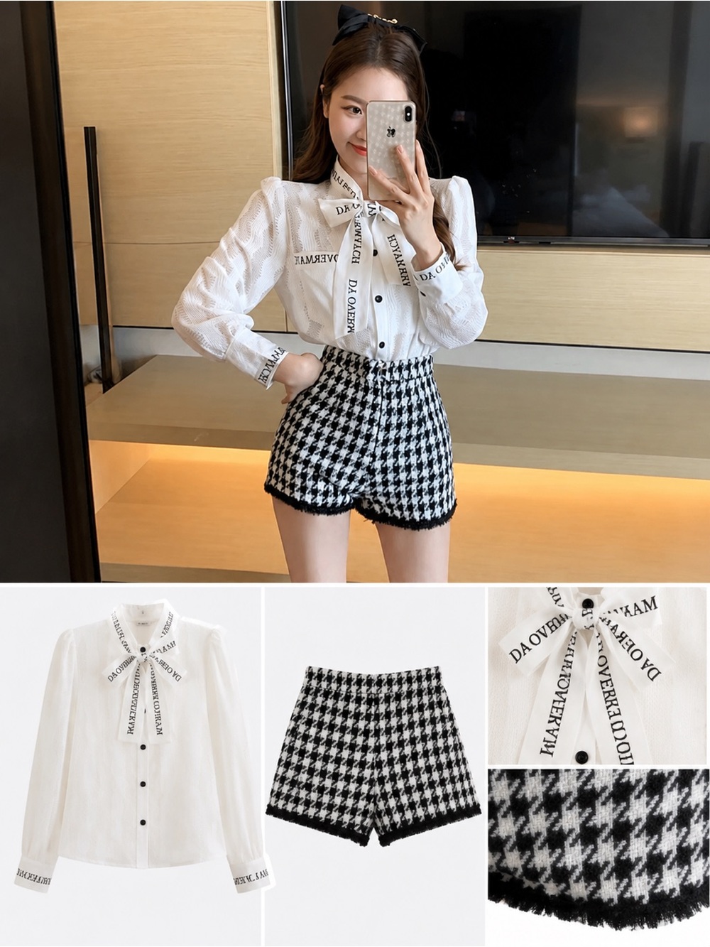 Black & White Houndstooth Shorts & White Bow Blouse Two-Piece Set